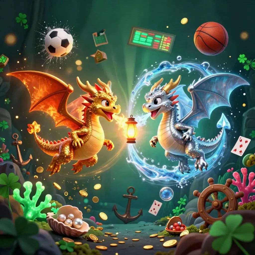 Dois dragões 3D de ouro e prata com bola, cartas e tesouros em cenário verde-escuro luxuoso.