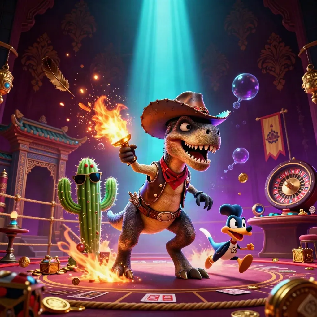 T-Rex cowboy, cacto e roadrunner em cena de cassino luxuosa com ouro e luz neon.
