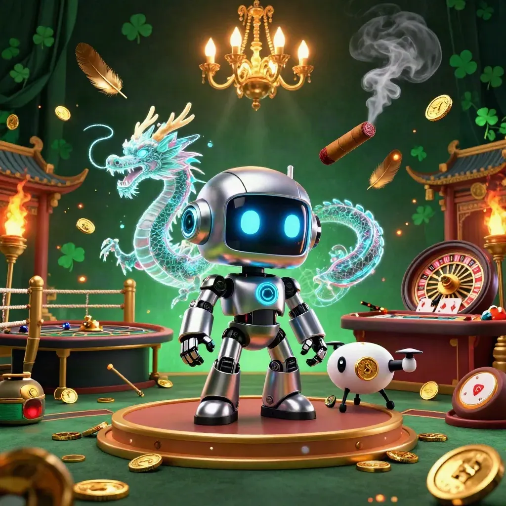 Robô cyberpunk, dragão holográfico e drone em sala de cassino luxuosa com moedas e luzes.