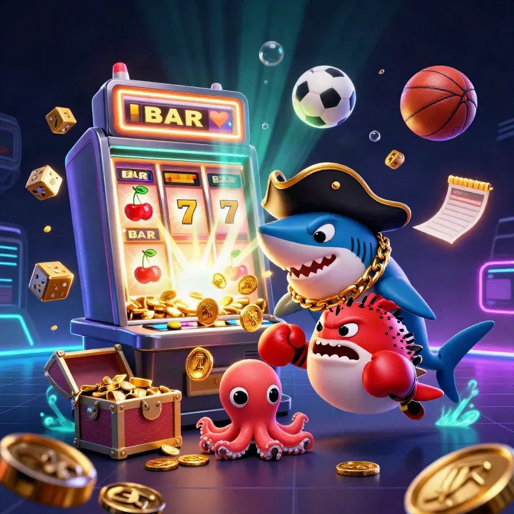 Tubarão pirata, baiacu e polvo bebê com moedas, dados e caça-níqueis em neon.