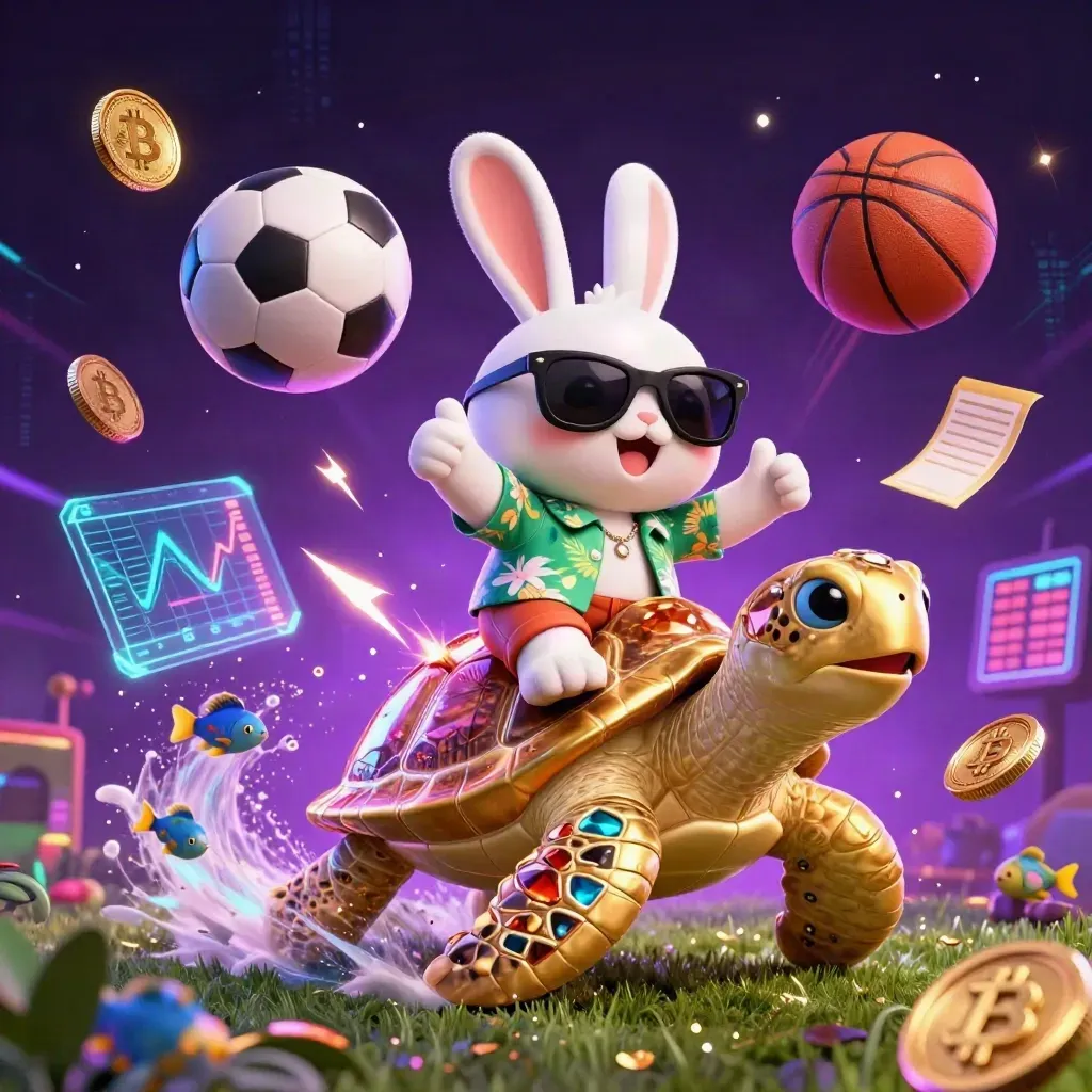 Coelho 3D em tartaruga dourada, moedas cripto, bola e efeitos neon em fundo roxo.