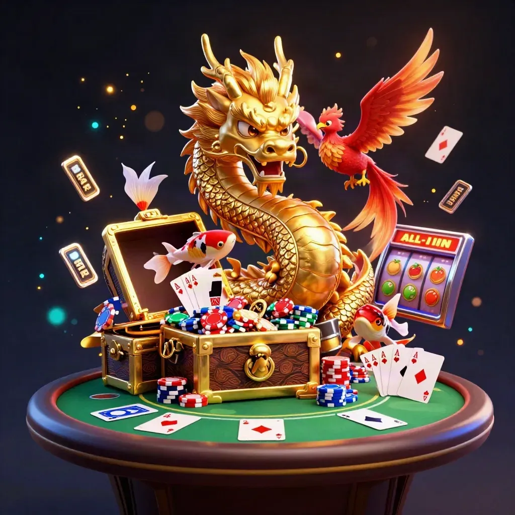 Dragão dourado cercado por tesouros, pica-pau vermelho, carpa, cartas e fichas em clima luxuoso.