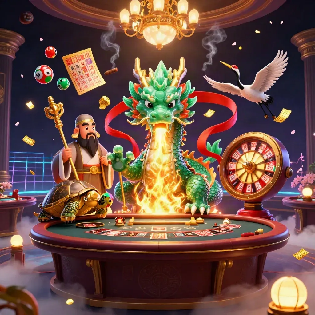 Dragão de jade, tartaruga sábia e grous em cena luxuosa de cassino, com luz dourada e roleta.
