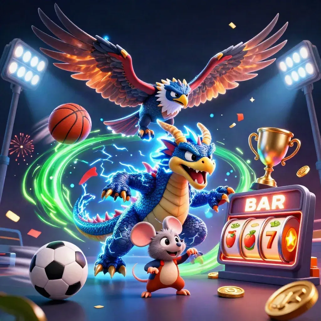 Dragão elétrico com falcão e rato de trovão, troféu e bolas em cassino neon.
