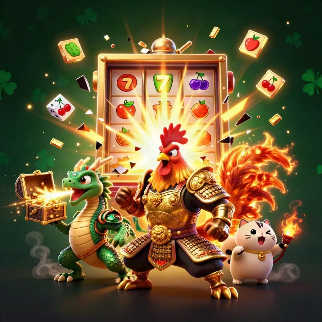 Galo samurai, filhote de dragão e gato da sorte cercados por jackpot, ouro e símbolos neon.