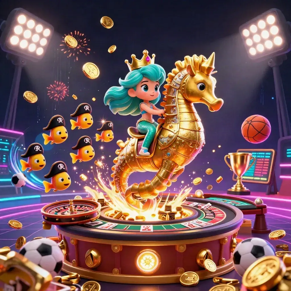 Sereia princesa com cavalo-marinho dourado, moedas, bolas esportivas e luzes neon em cenário de cassino.