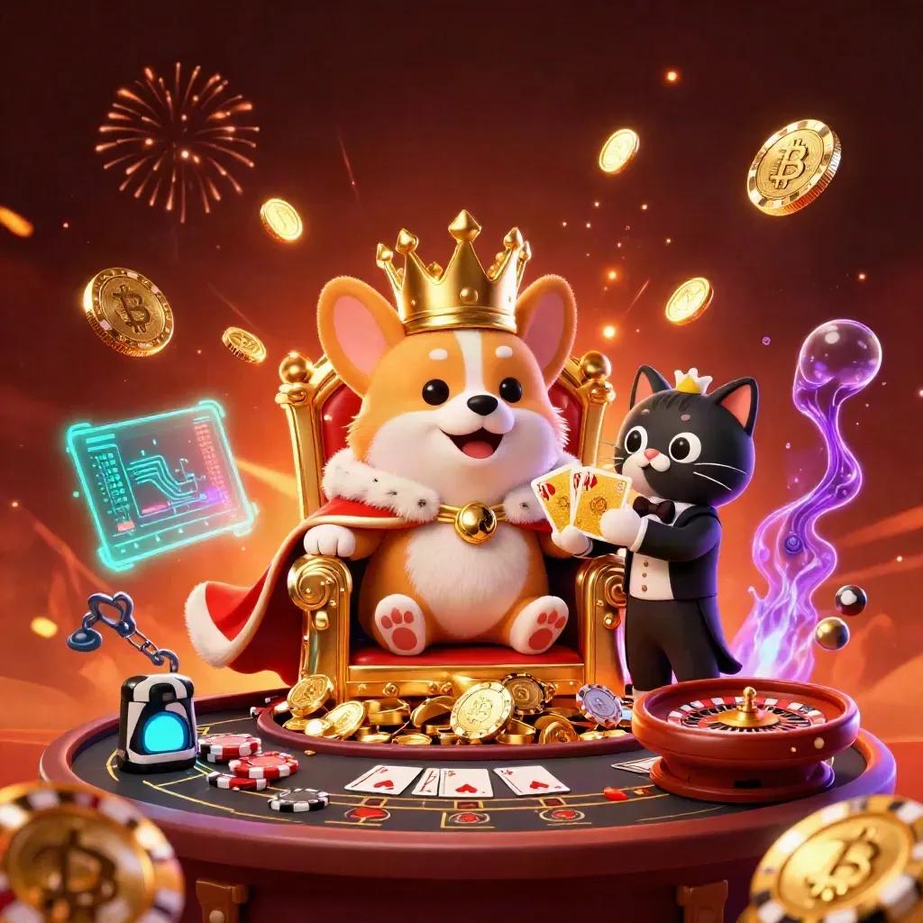 Corgi coroado e gato mordomo em meio a moedas, cartas e efeitos neon num cassino luxuoso.