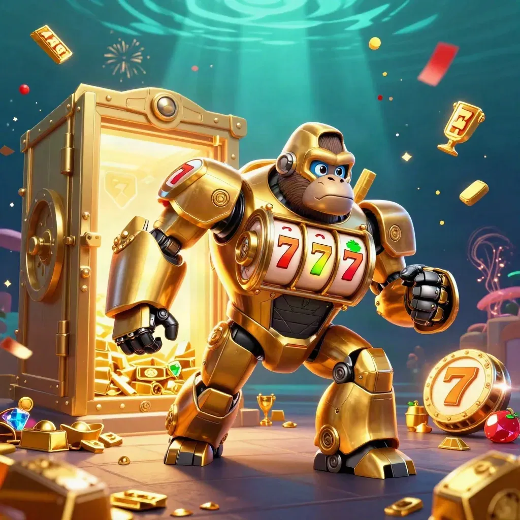 Gorila mecânico dourado com piloto macaco e tesouro de cassino em fundo marinho escuro.