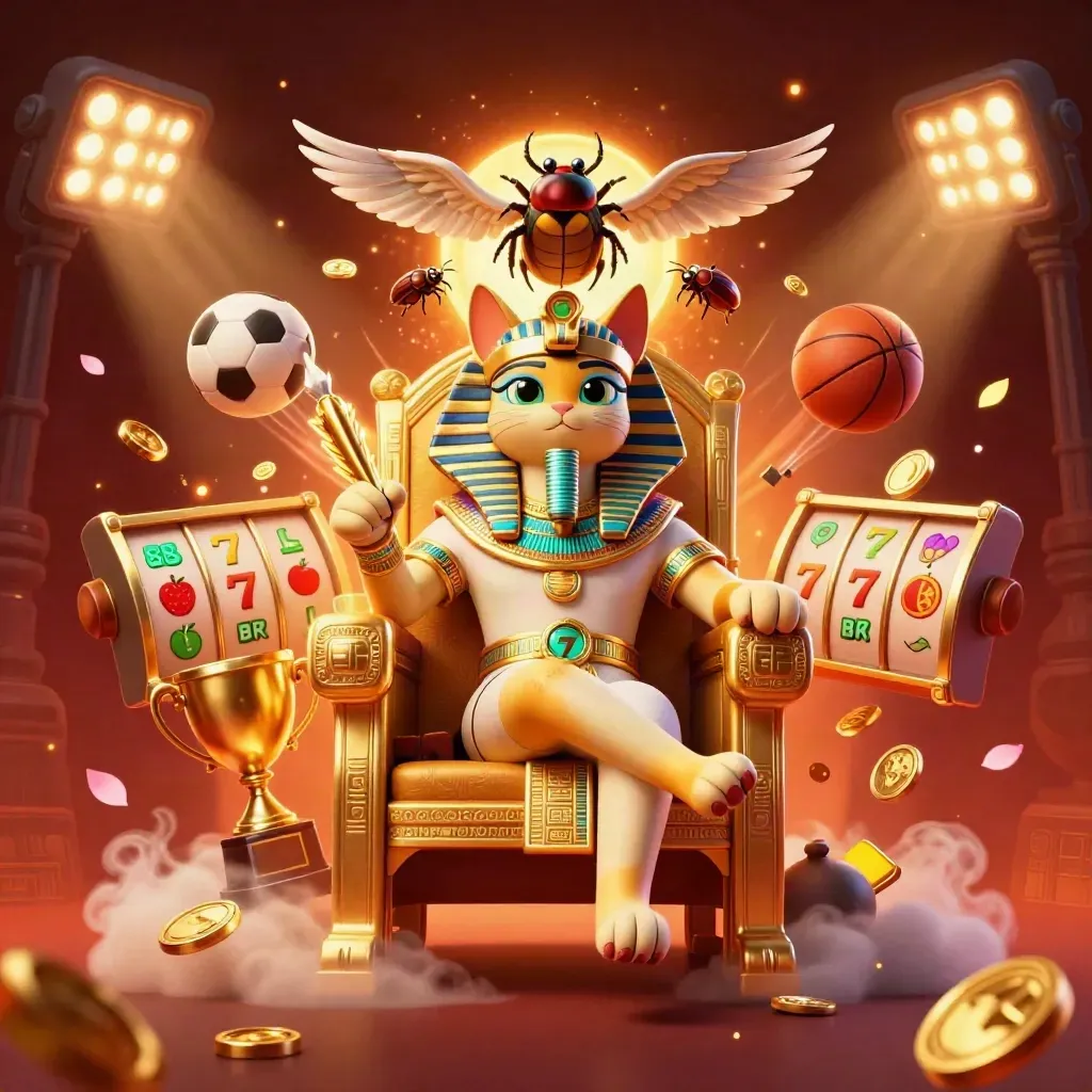 Gato faraó 3D em trono dourado com íbis escriba, escaravelhos e símbolos de cassino
