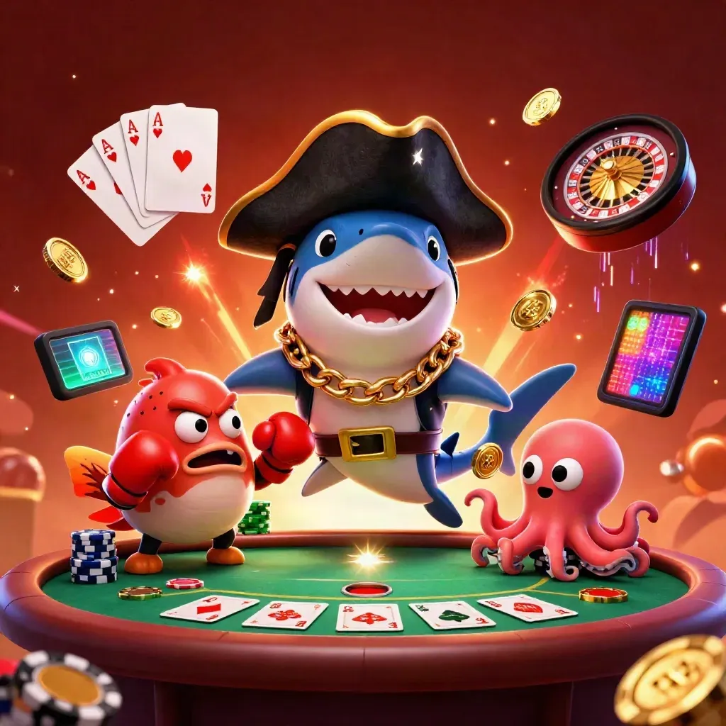 Tubarão pirata, baiacu bravo e polvo bebê com fichas e cartas em neon de cassino.