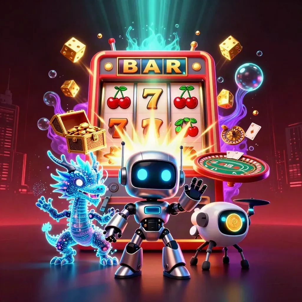 Robô cassino, dragão holográfico e slot explodindo em luz dourada e neon.
