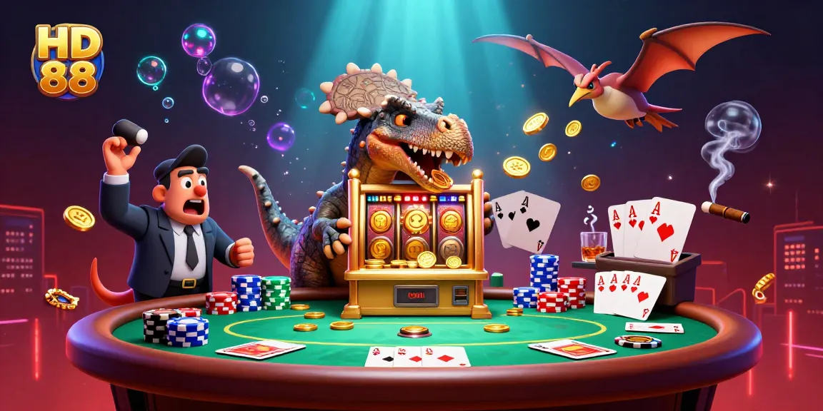 HD 88 casino scene featuring a cartoon dinosaur hitting a slot machine for jackpot coins amidst poker chips and glowing effects.