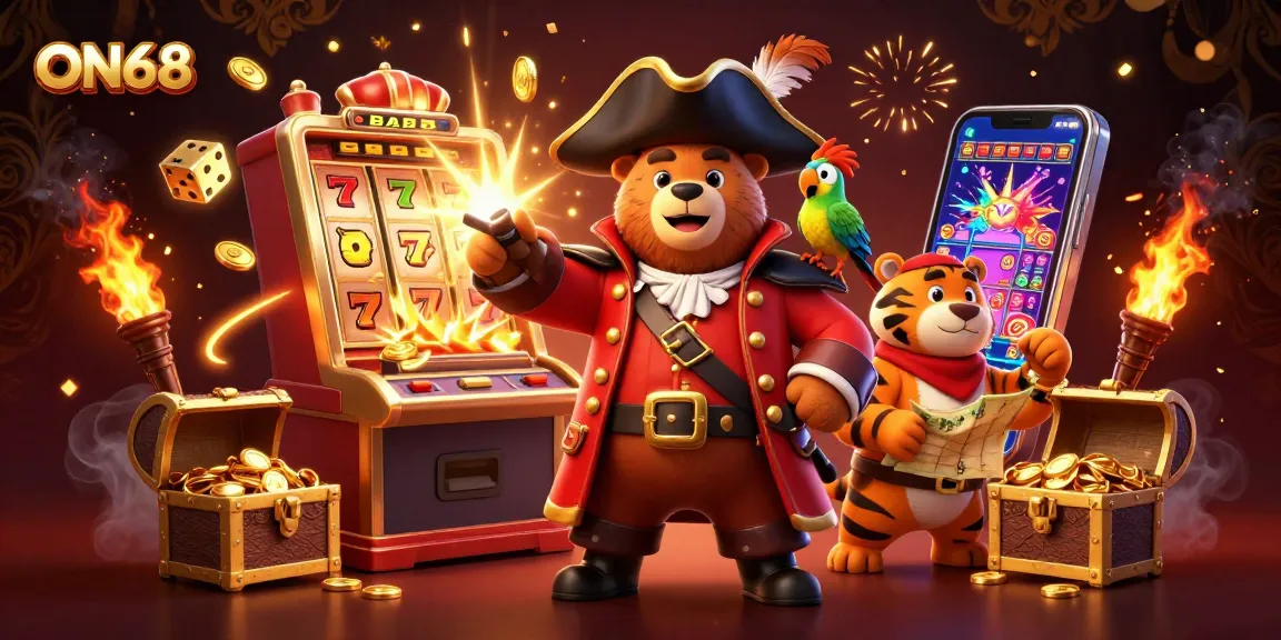 Experience the thrill at ON68 with pirate captain characters amidst a vibrant casino scene filled with jackpots.