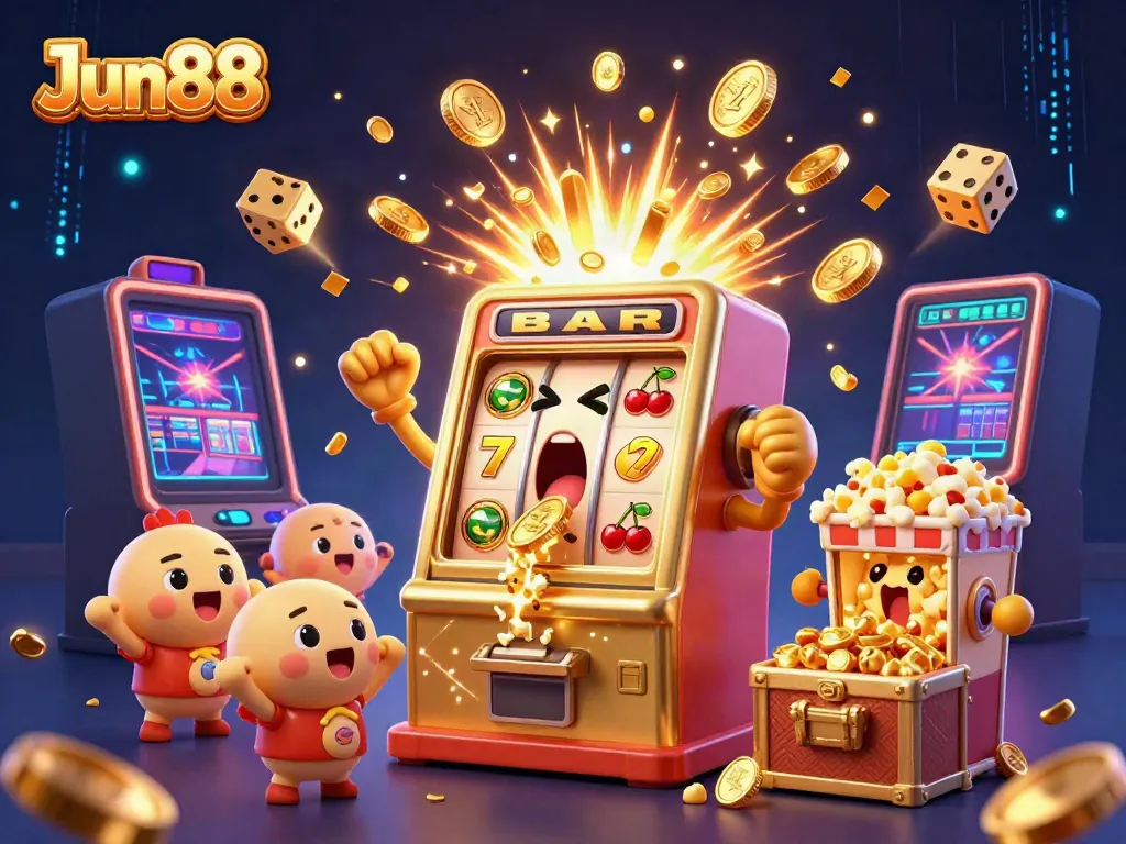 Experience the thrill of Jun88 with a jubilant slot machine hitting the jackpot, surrounded by exciting casino elements.