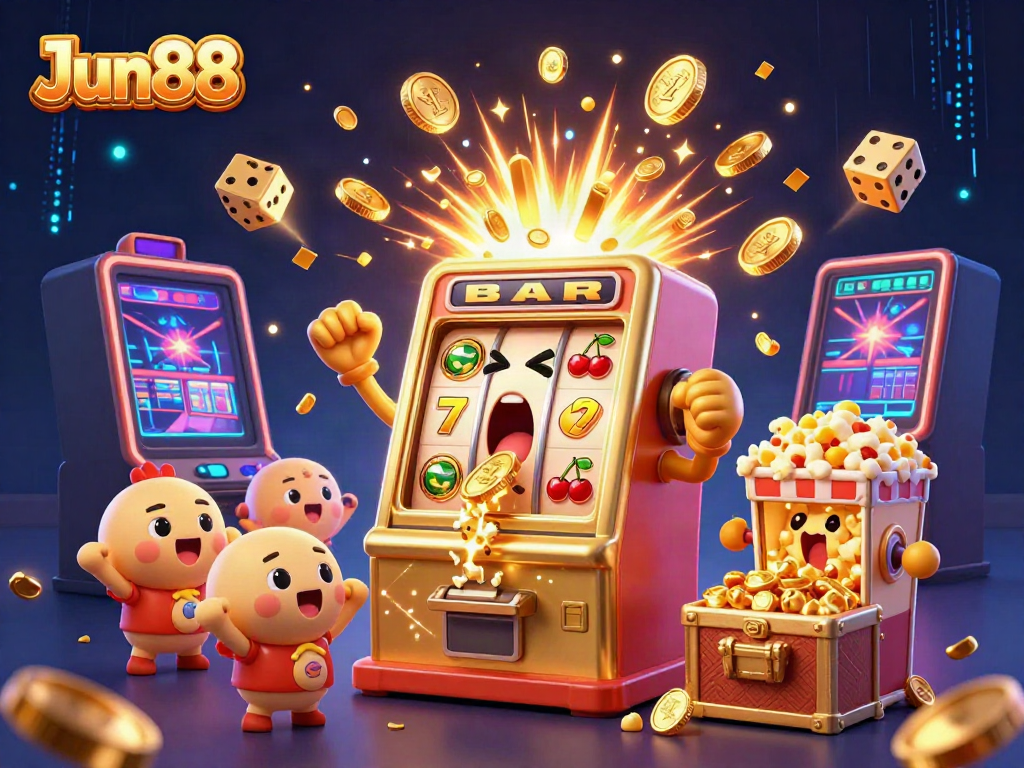 Experience the thrill of Jun88 with a jubilant slot machine hitting the jackpot, surrounded by exciting casino elements.