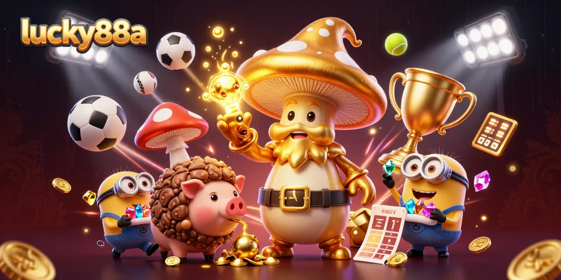 Experience thrilling moments with lucky88a as the golden mushroom wizard conjures sports magic amidst vibrant game elements.