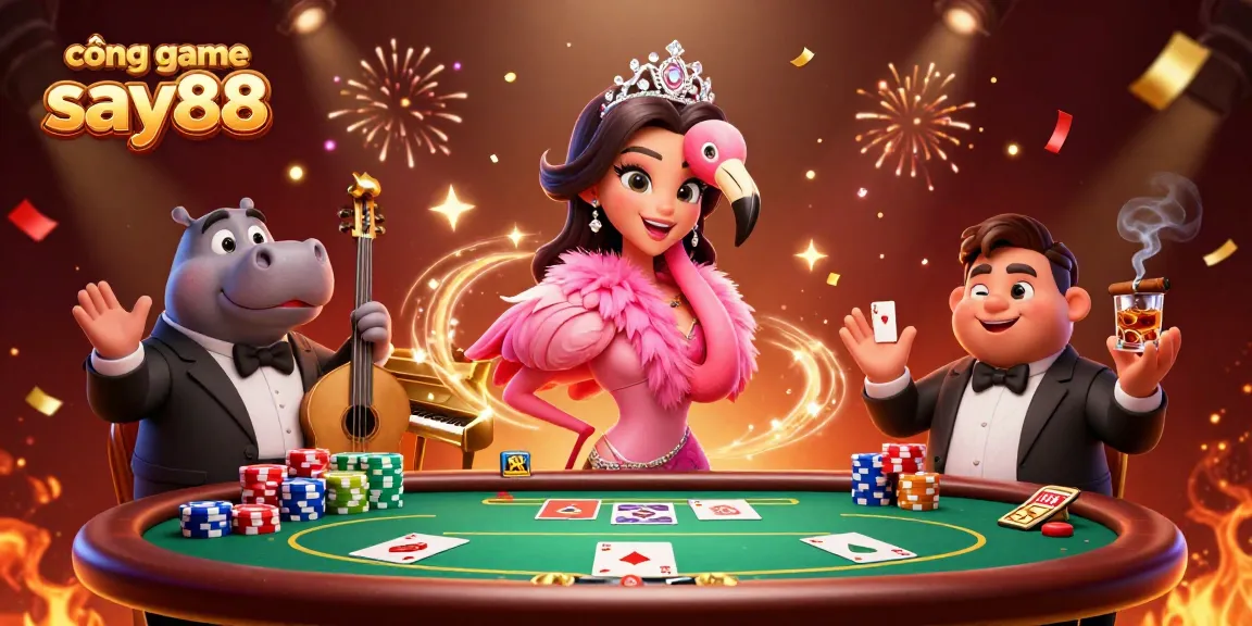 Experience the excitement of cổng game say88 with a festive casino scene featuring vibrant characters and rich gameplay elements.