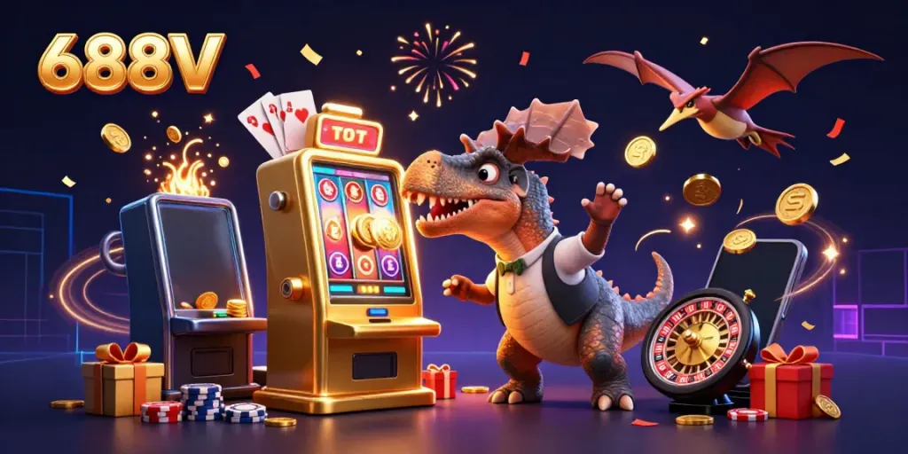 Experience the thrill of 688V with dynamic characters celebrating a jackpot win in this vibrant casino scenario.