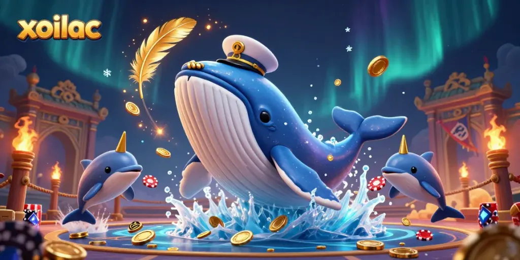Xoilac sports betting scene featuring a 3D cartoon whale and dolphins with poker chips amid gold coins