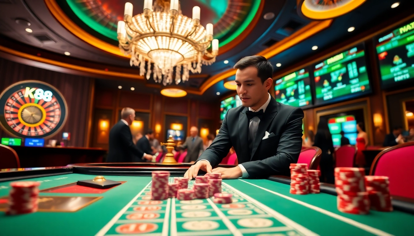 Experience the thrill of live gaming at NK88, with a dealer and vibrant casino elements.