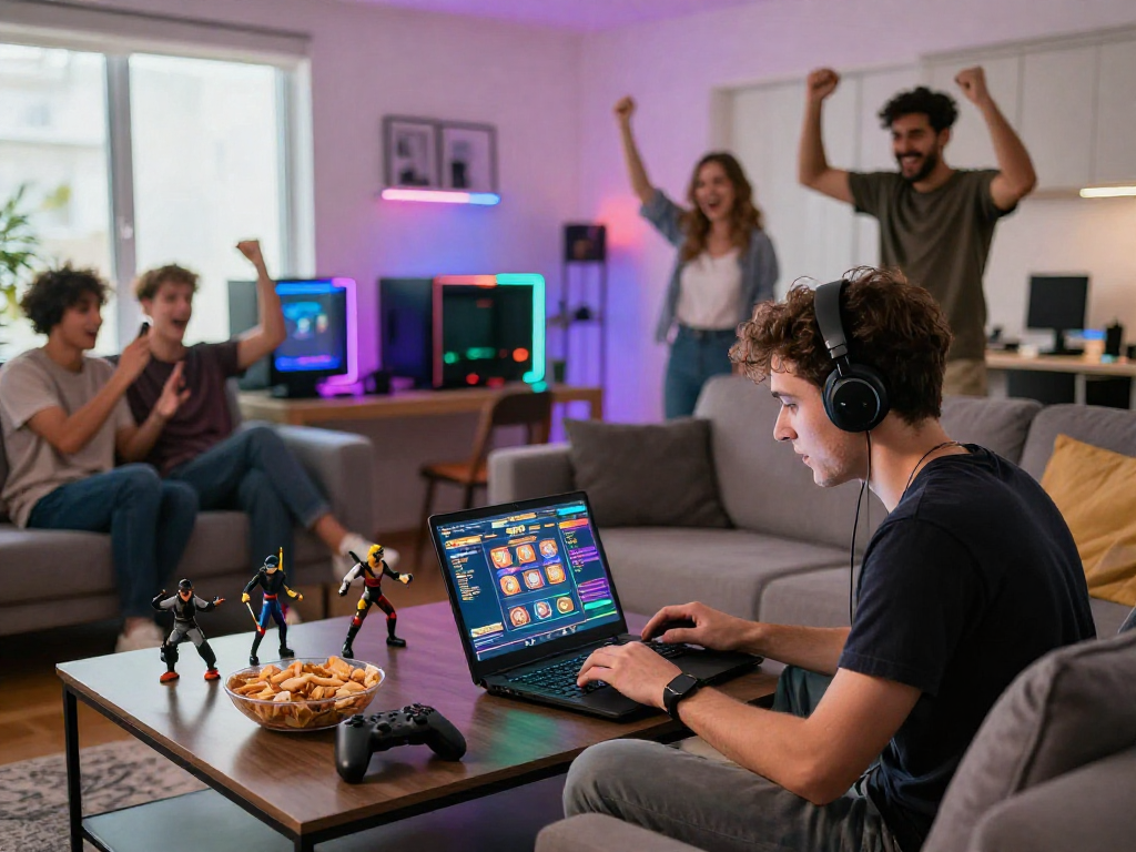 Jogador feliz com jogos da spbet, luzes LED e amigos no sofá.