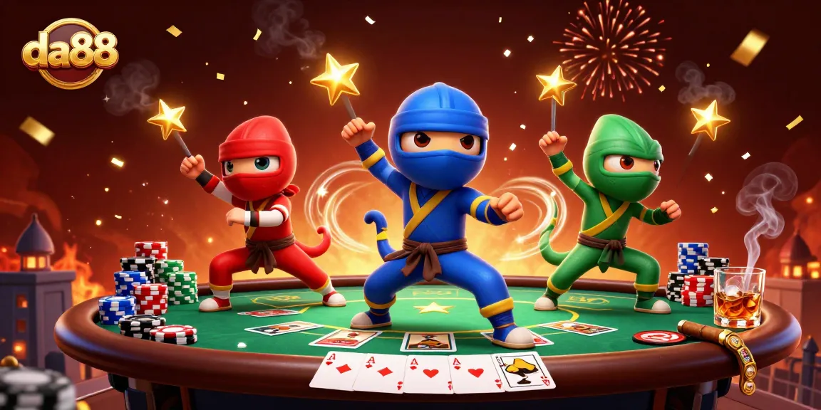 Action-packed 3D scene featuring da88's ninja chameleons mastering poker strategies in a vibrant casino atmosphere.