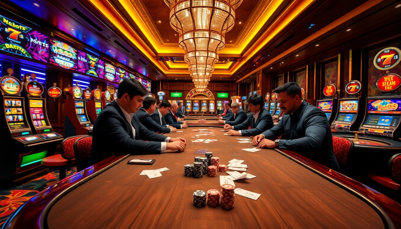 Players engaging in high-stakes poker at a vibrant 7hh casino with dynamic lighting and exciting atmosphere.