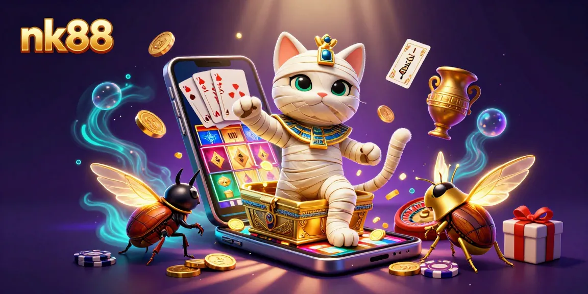 nk88 celebrates wins with a cartoon mummy cat and glowing scarab at a vibrant casino.