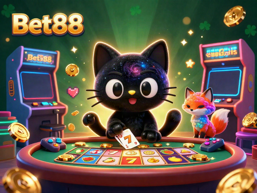 Experience the excitement of Bet88 with a cosmic cat pulling in casino chips and cards.