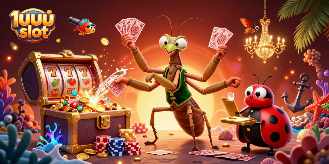 Aproveite a experiência 1uuu slot com um gafanhoto jogador e uma joaninha, cercados por tesouros e símbolos de jogos.