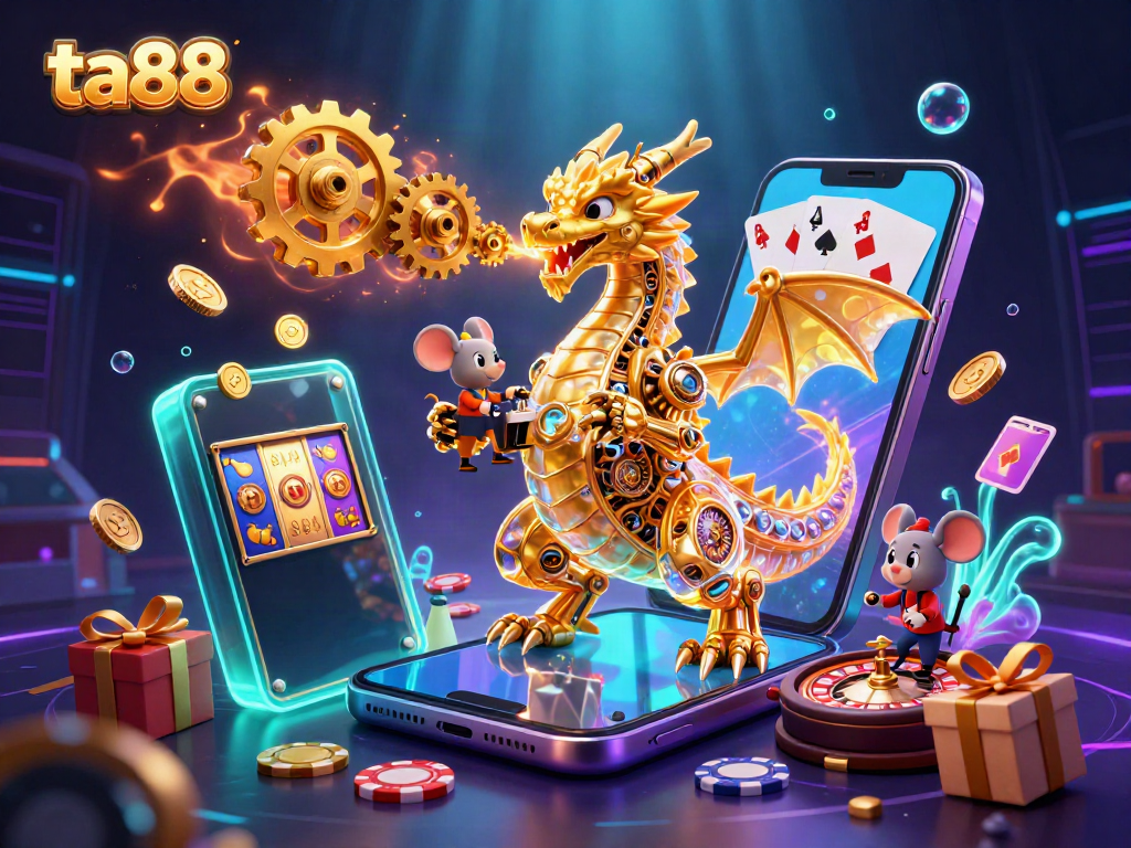 Experience the magic of ta88 with a stunning golden dragon and vibrant slot game elements, perfect for online casino enthusiasts.