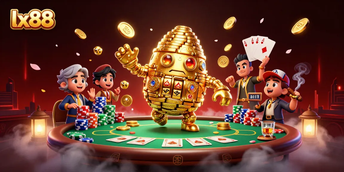 Experience thrilling gameplay at lx88 with our golden golem amidst vibrant poker elements.