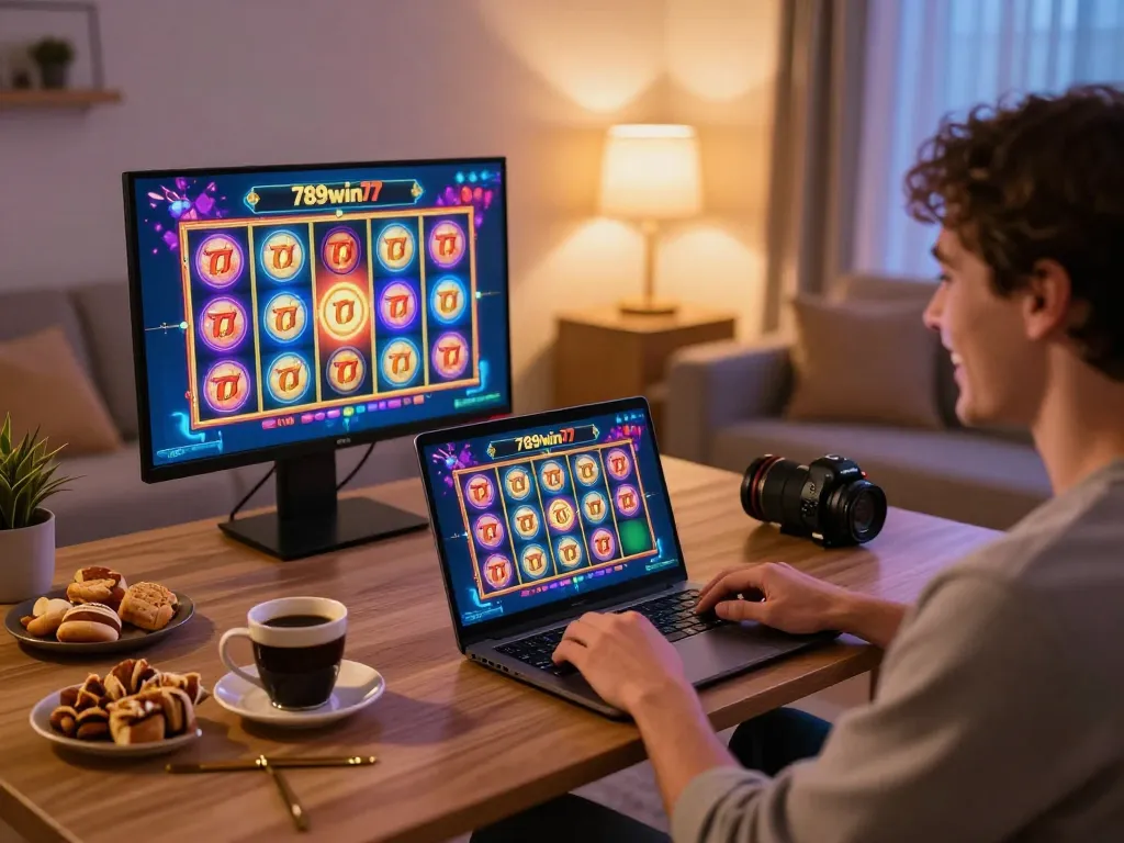 Enjoying an engaging game on the 789win77 app in a cozy home setting with snacks and laptop