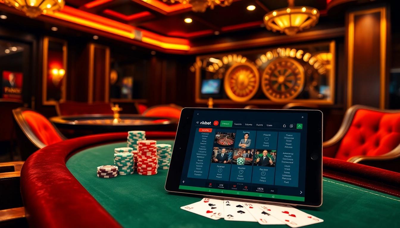 Experience the thrill of rikbet at a luxury casino with vibrant poker tables and roulette wheels.