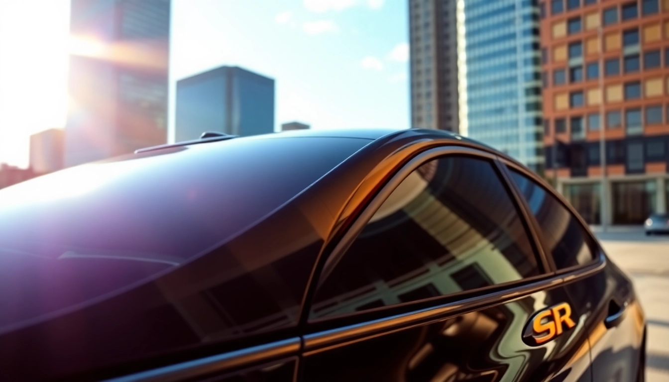 Experience the elegance of window tint Chattanooga on a sleek car against a vibrant urban backdrop.