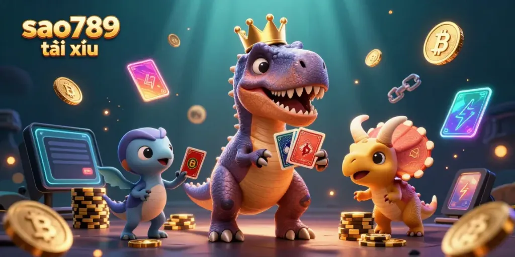 Engaging scene of sao789 tài xỉu characters enjoying gameplay amidst glowing crypto elements and golden chips.