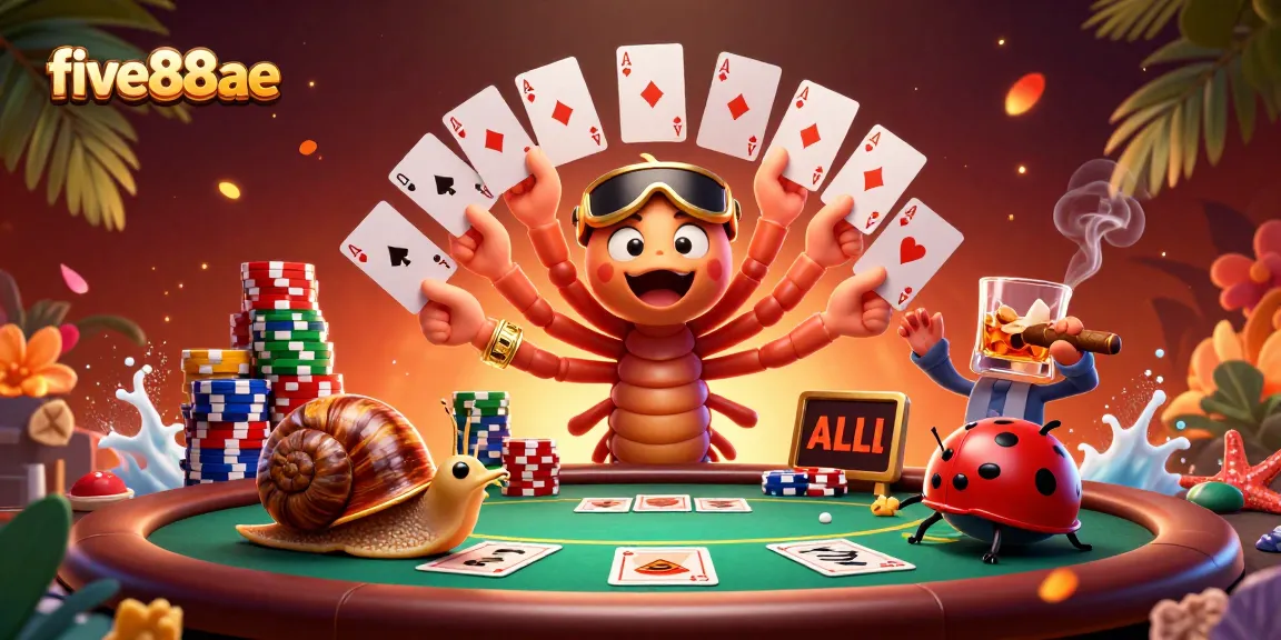 Win big at five88ae with a lively scene of a cartoon millipede dealer managing cards and high-stakes poker.