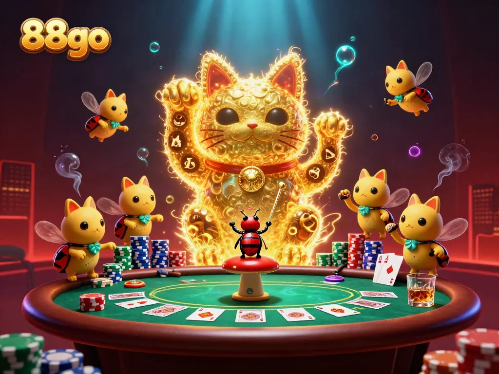 Engage with thrilling 88go casino games and a vibrant lucky cat illustration.