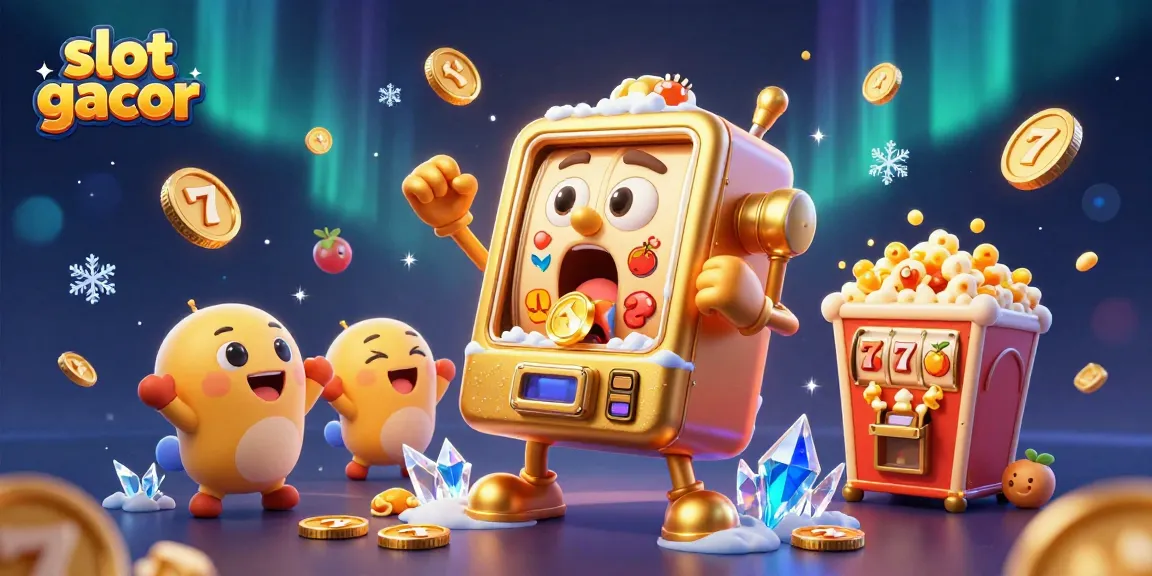 Engage with slot gacor as a lively golden slot machine hits the jackpot, showered in coins.