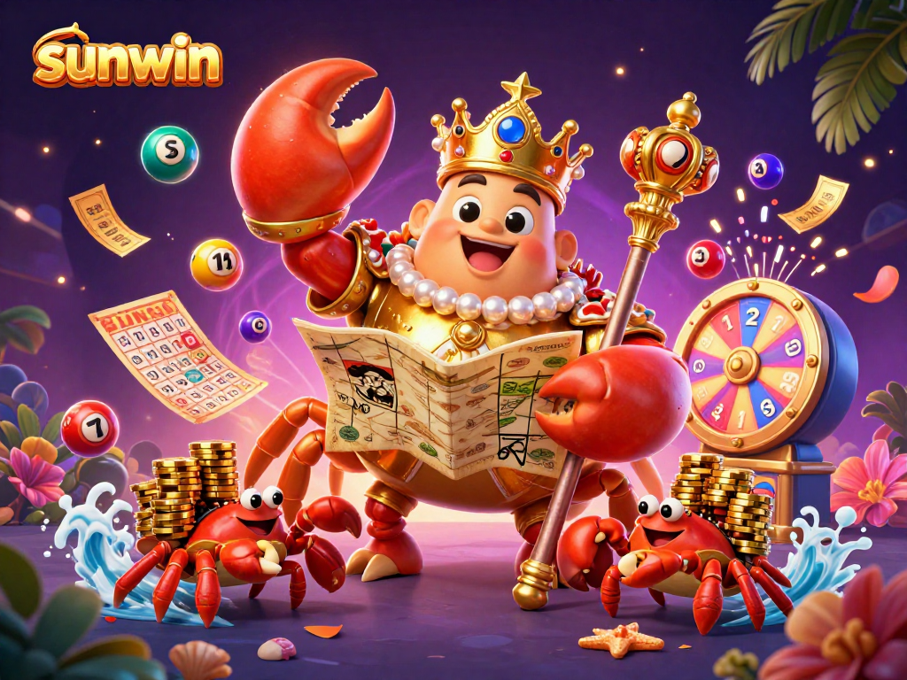 Engage with sunwin's dynamic gaming experience featuring a golden crab emperor surrounded by exciting lottery elements.