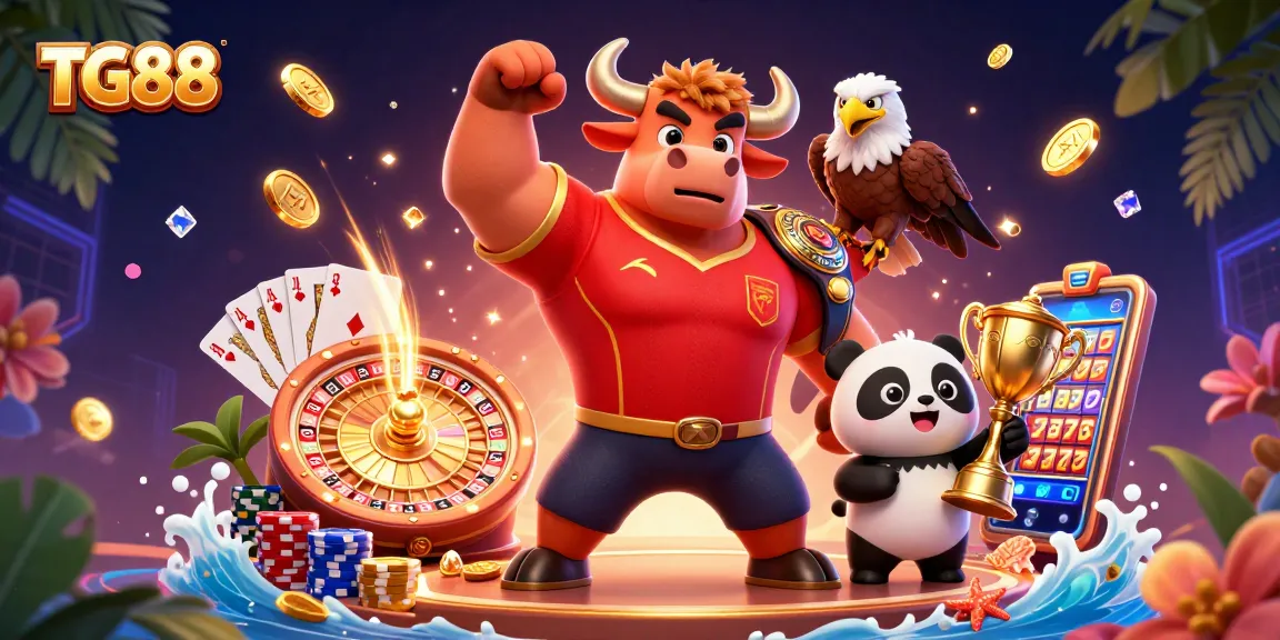 Experience the excitement of TG88 with a lively scene showcasing a bull mascot with a trophy, surrounded by dynamic casino elements.