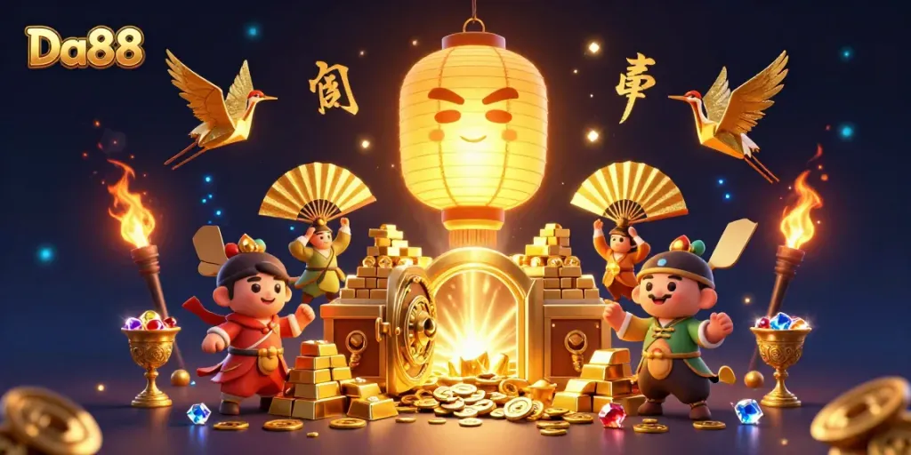 Engage with Da88's vibrant casino experience featuring golden lanterns and dynamic treasure elements.