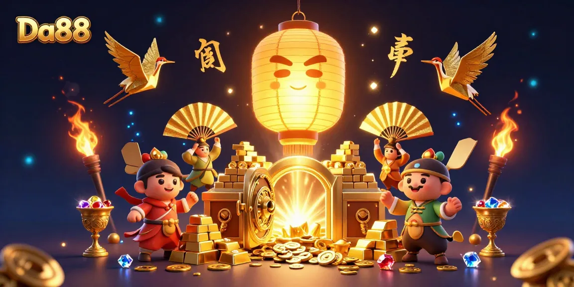 Engage with Da88's vibrant casino experience featuring golden lanterns and dynamic treasure elements.