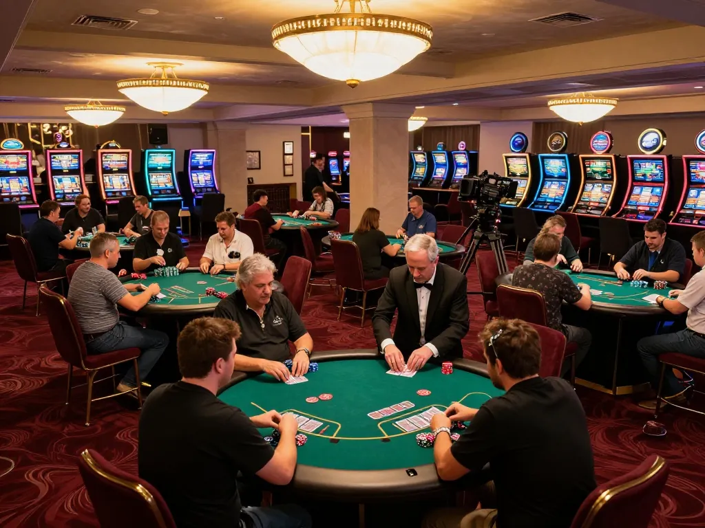Experience vibrant gameplay at HBET casino with players engaging at green felt poker tables.