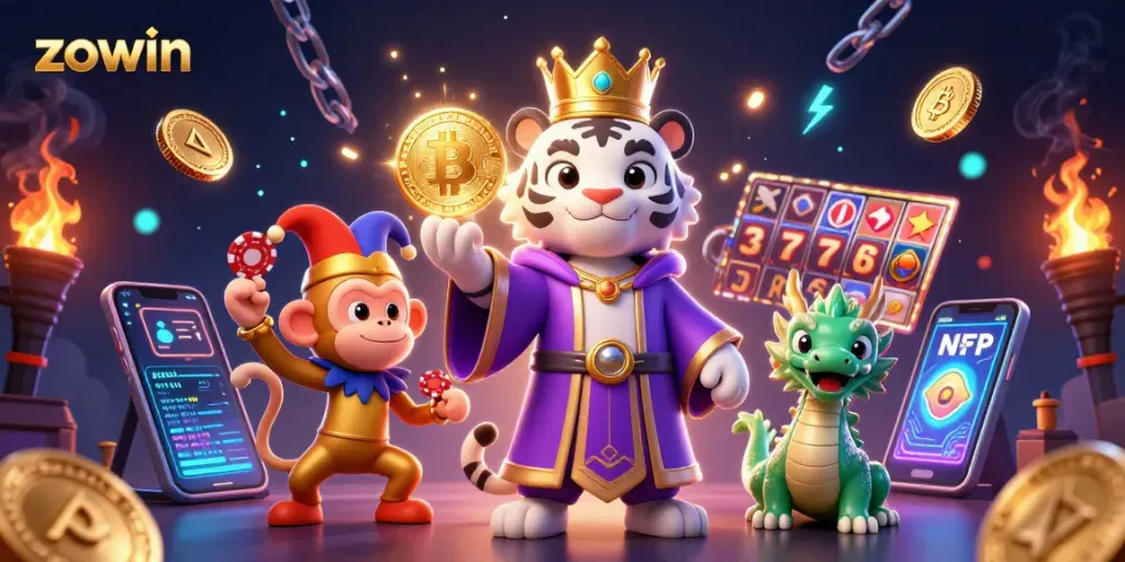 Experience thrilling games with zowin in this vibrant casino-themed illustration.