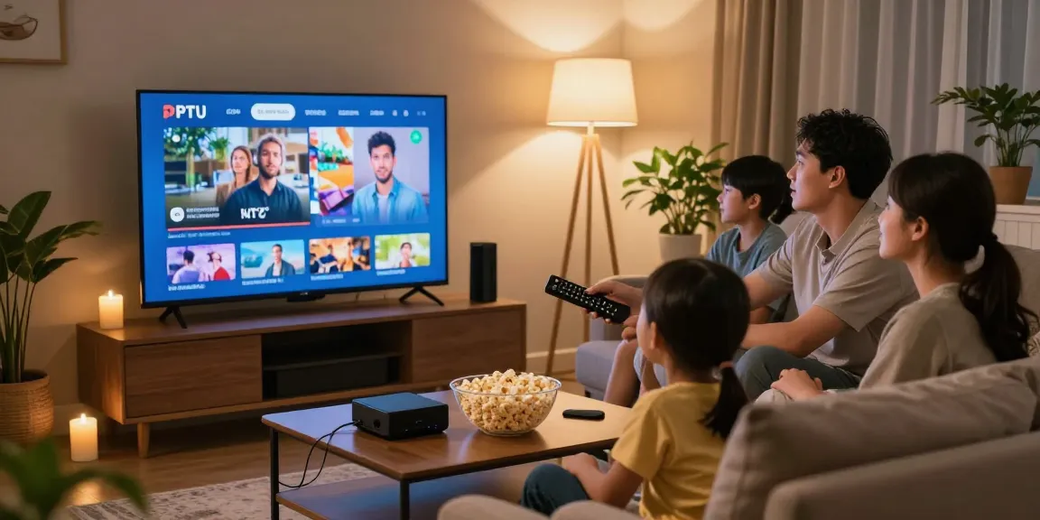 Família assistindo IPTV na sala de estar confortavelmente decorada.