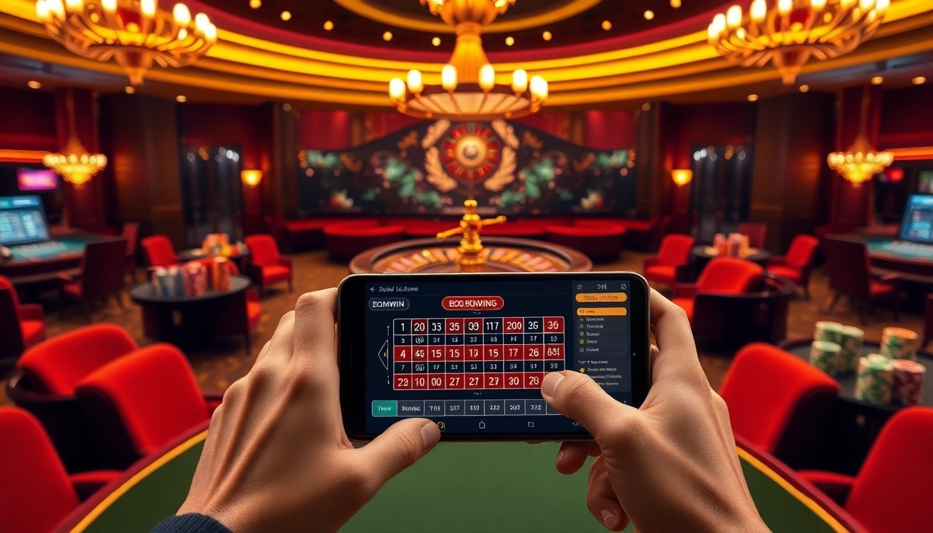 Exciting gambling with Nhà cái bomwin, roulette, poker chips, and online gaming interface.