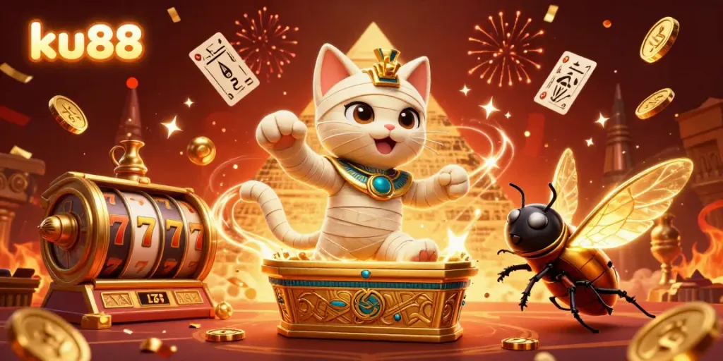 Experience the excitement of ku88 as a cartoon mummy cat emerges from a golden casino sarcophagus.