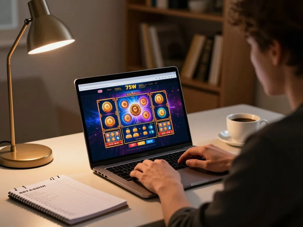 Engaging player enjoying 75W online casino games while strategizing, a cozy and focused atmosphere.