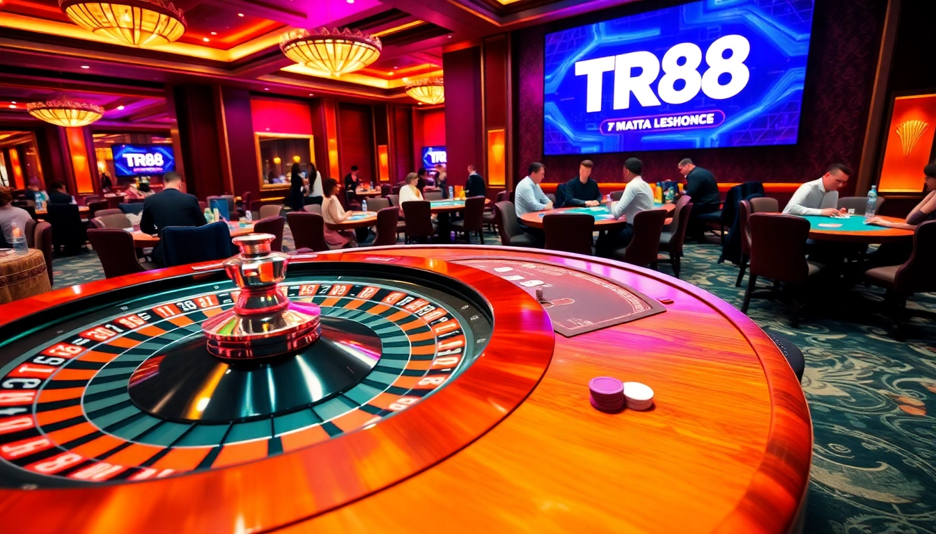 Experience the excitement of TR88 at an elegant casino table surrounded by vibrant gaming elements.